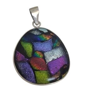 Sterling Silver Dichroic Fused Glass Pendant – Metallic Peacock Foil